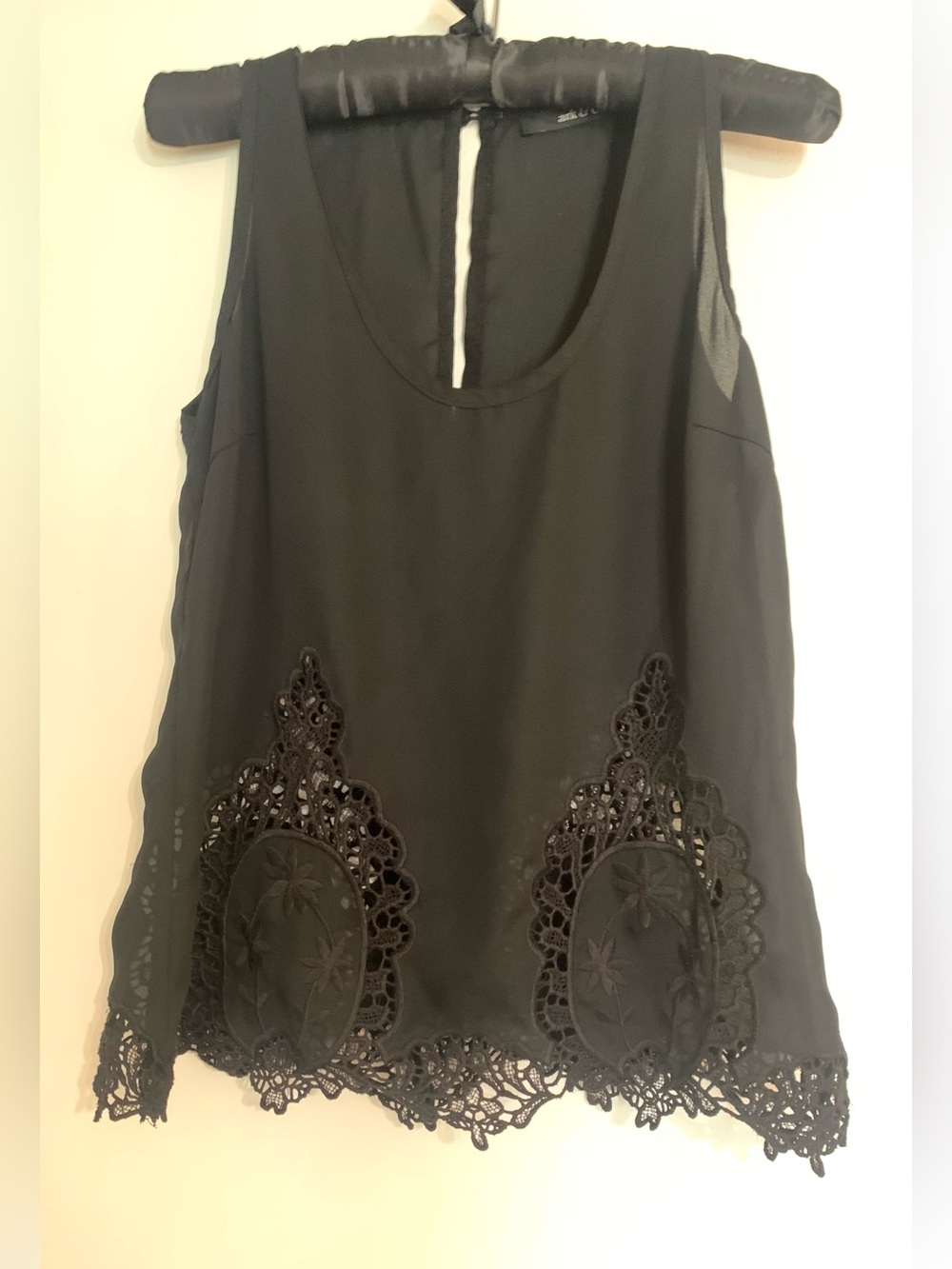 Black Sleeveless Loose-fit Blouse with Peekaboo Lace Accents Whimsigoth Witchy